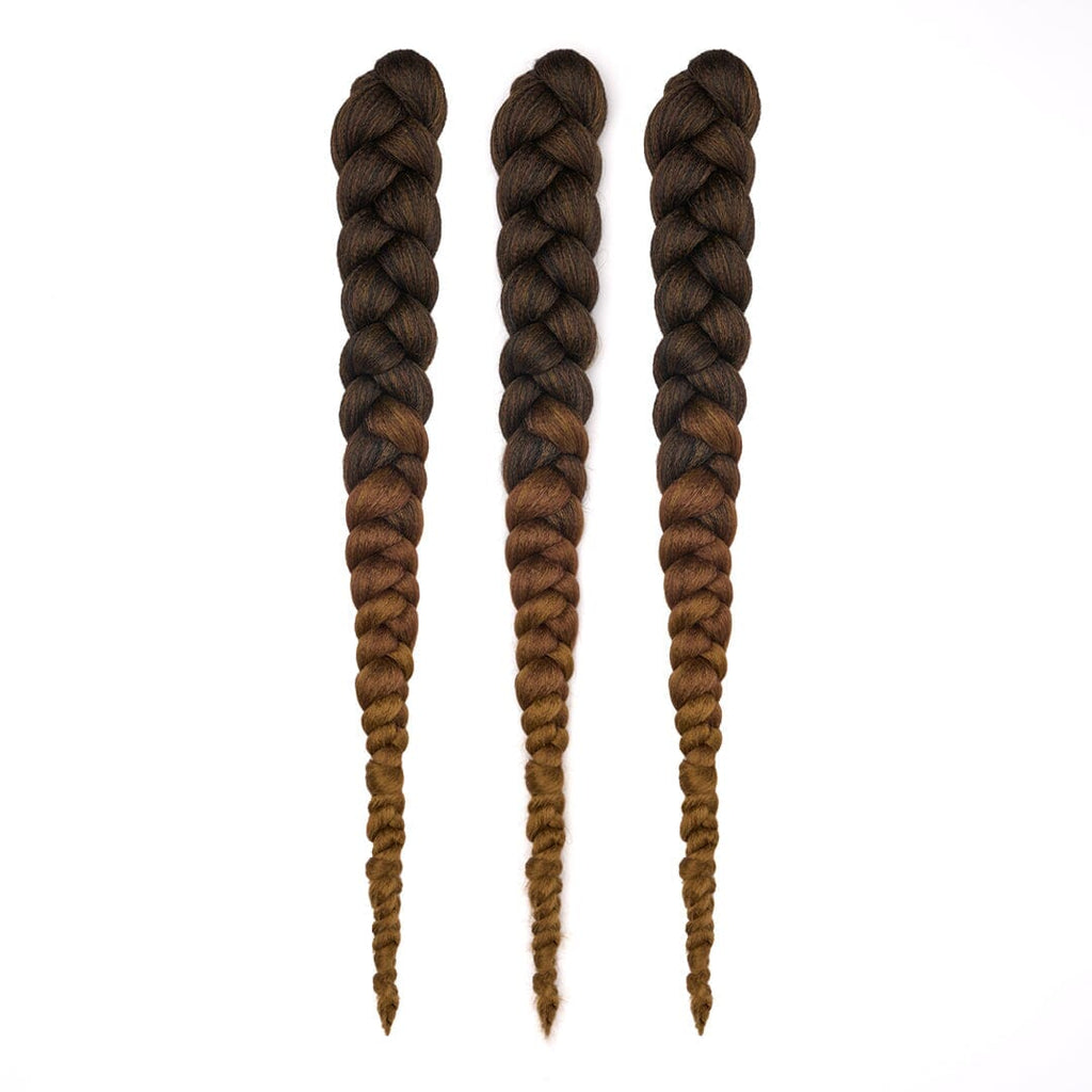 Three bundles of 28" braided hair in ombré dark brown to chestnut, laying on a white field.